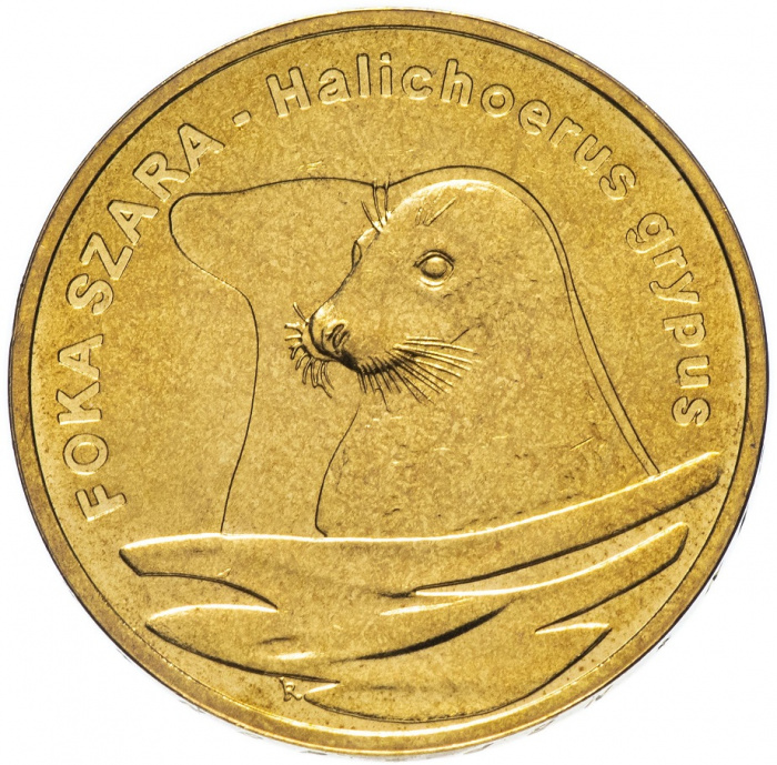 (131) Монета Польша 2007 год 2 злотых &quot;Серый тюлень&quot;  Латунь  UNC